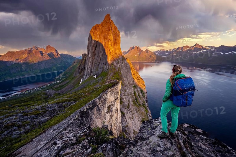 Hiker looks at landscape