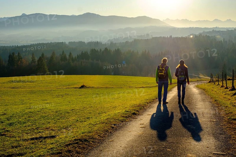 Hiker at the panorama path during the descent from the Kirnberg near Schoenberg