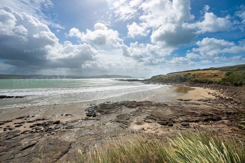 View of sandy beach and sea at Curio Bay