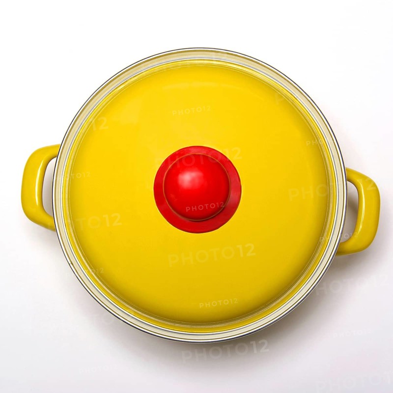 Yellow saucepan with lid on white background