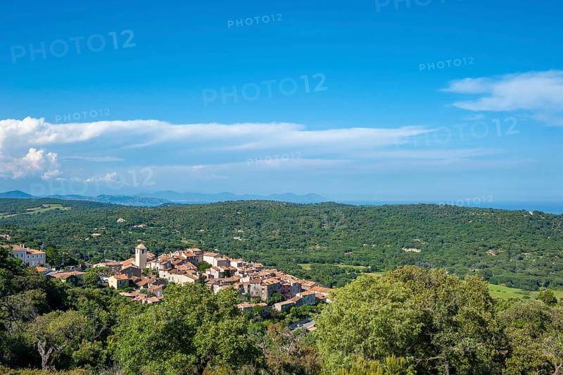Landscape with the mountain village Ramatuelle and the Massif de l'Esterel in the background