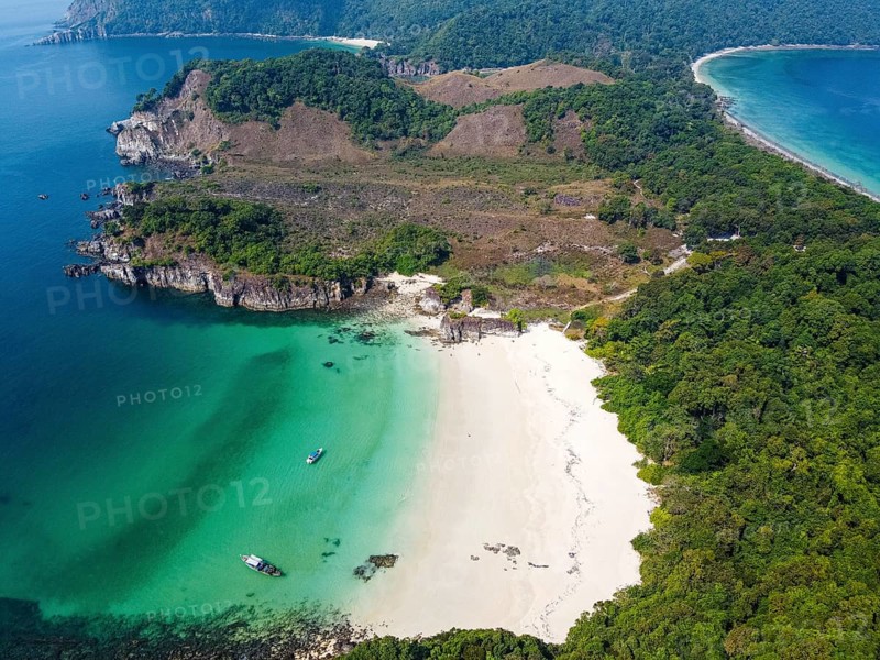Aerial of a white sand beach on Smart island