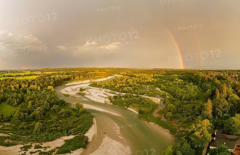 Isar in evening light with rainbow