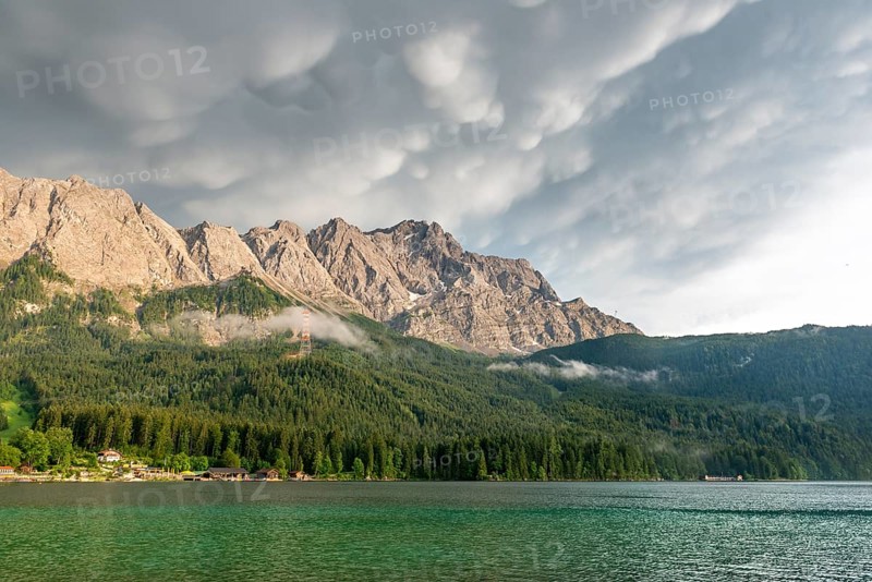 Eibsee lake in front of Zugspitze massif with Zugspitze