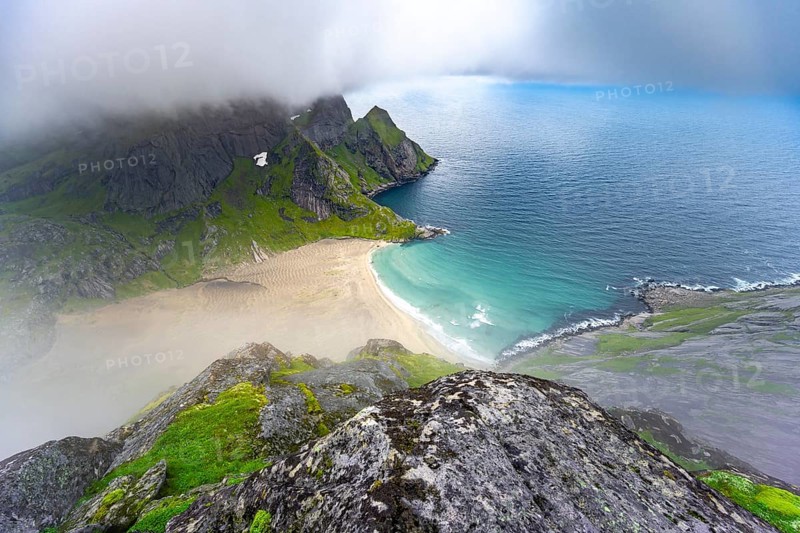 View from Helvetestinden to the beach of Bunes