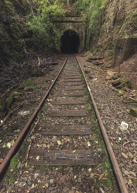 Rail bed with tunnel portal
