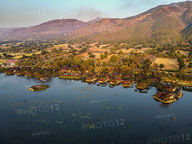 Aerial of overwater bungalows