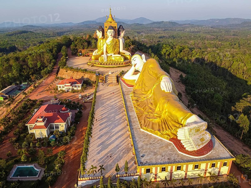Aerial of the huge sitting and reclining buddhas Ko Yin Lay