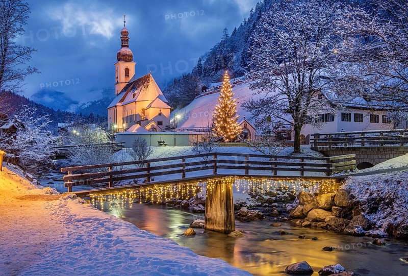 Painter's corner with Ramsauer Ache and parish church with Christmas fir tree