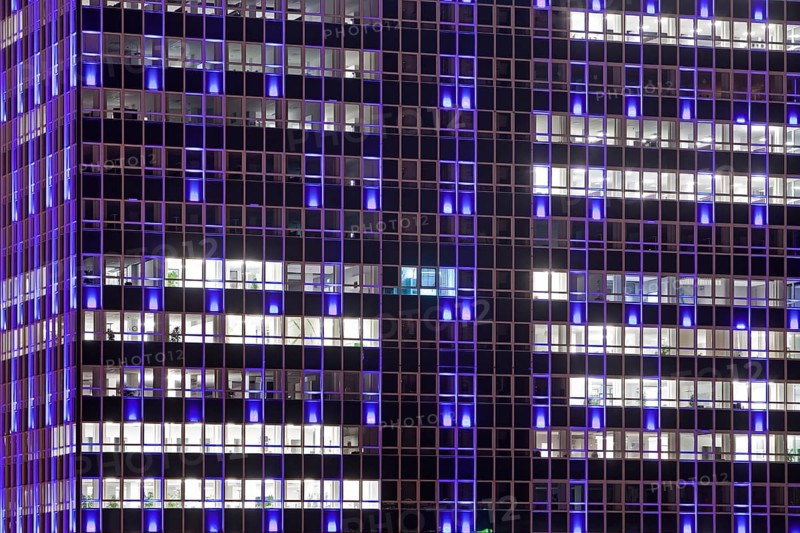 Illuminated Magna Tower in the evening