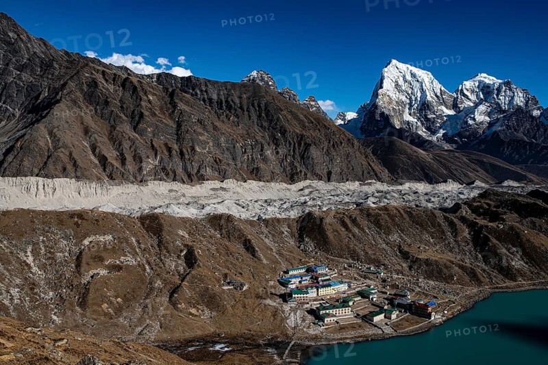 View from Renjo La Pass 5417 m to the east on Himalaya with Gokyo Lake and Gokyo