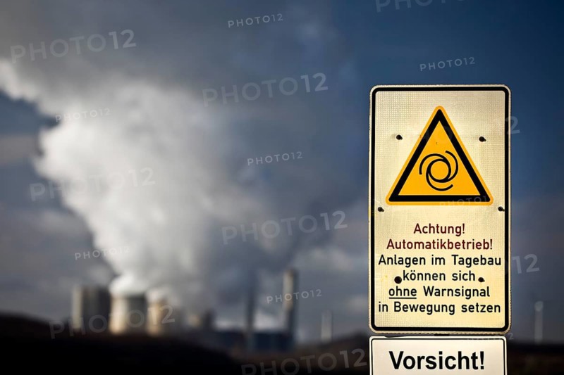Sign with danger warning at the opencast mine Inden with power plant Weisweiler