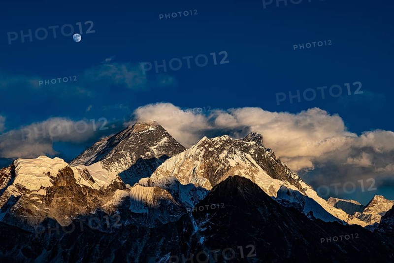 View in the evening light from Renjo La Pass 5417 m to the east on Himalaya with Mount Everest