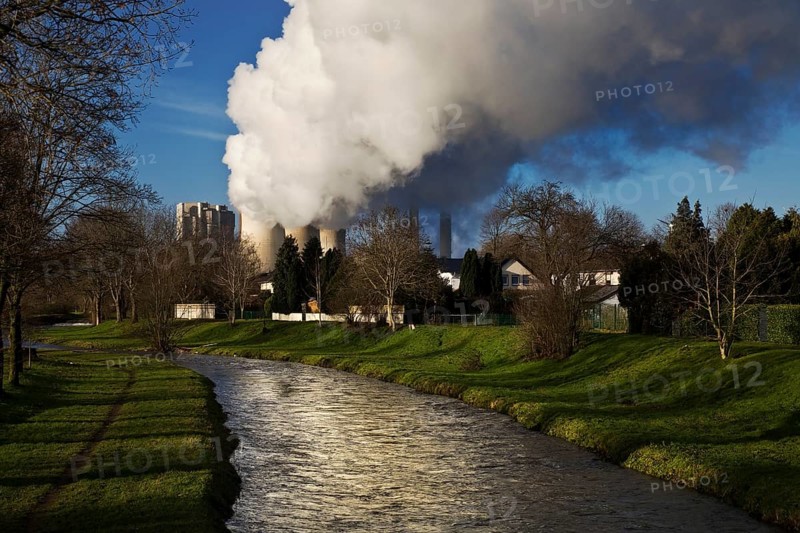 The river Inde with the Weisweiler lignite-fired power plant