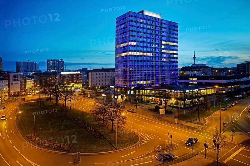 Illuminated Magna Tower in the evening