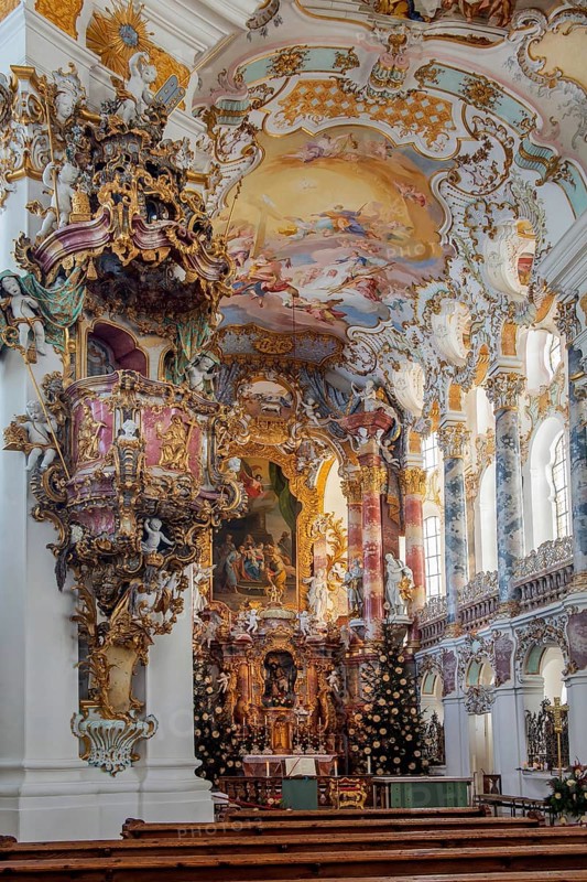 Altar room with pulpit inside the Wieskirche