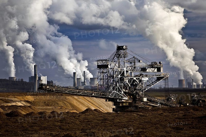Opencast lignite mine with stacker and power plants