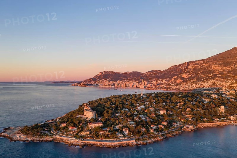 Aerial view Roquebrune Cap Martin shortly after sunrise