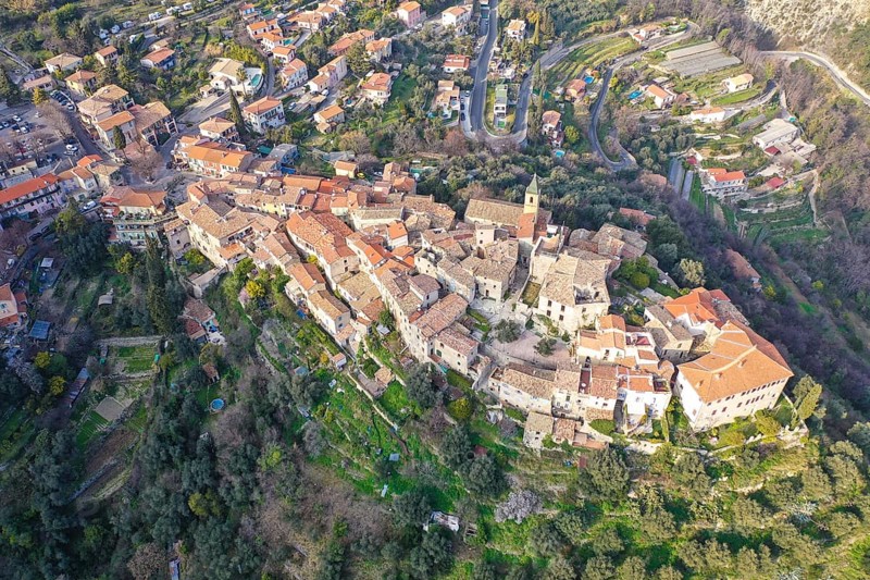 Aerial view mountain village Gorbio above Menton