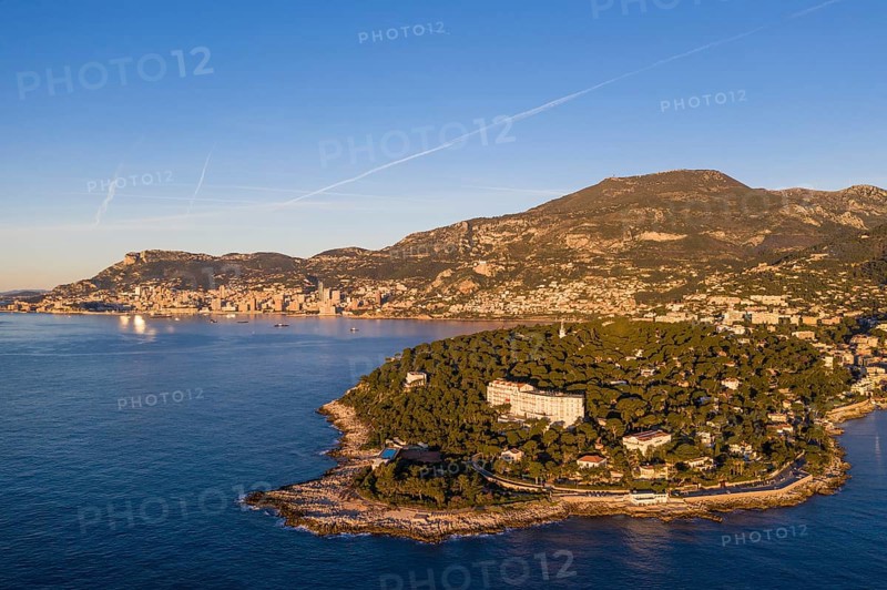 Aerial view Roquebrune Cap Martin shortly after sunrise