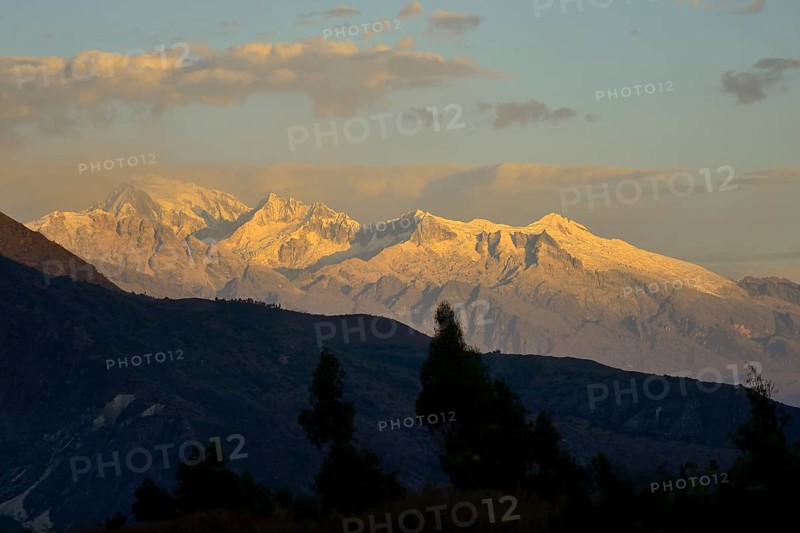Mountain range of the Cordillera Blanca with Nevado Huascaran Sur in the evening light