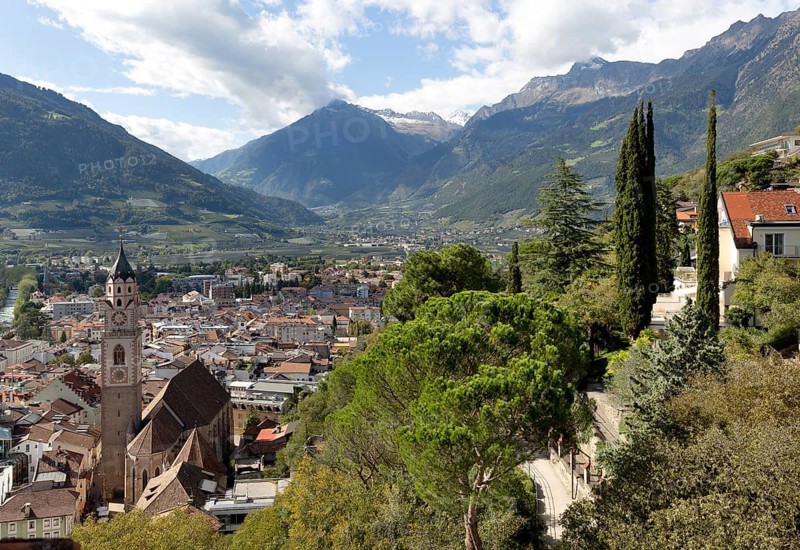 View of the old town of Merano with the parish church of St. Nicholas