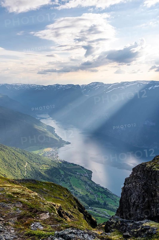 View from the top of the mountain Prest to Aurlandsvangen and fjord Aurlandsfjord