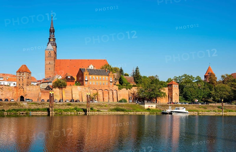 Old town of Tangermuende at the river Elbe with Elbe harbour