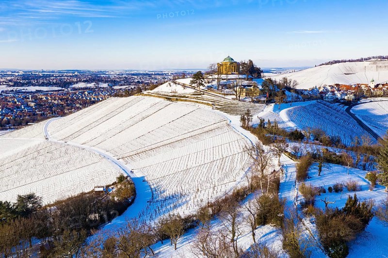 Aerial view grave chapel on the Wuerttemberg in winter