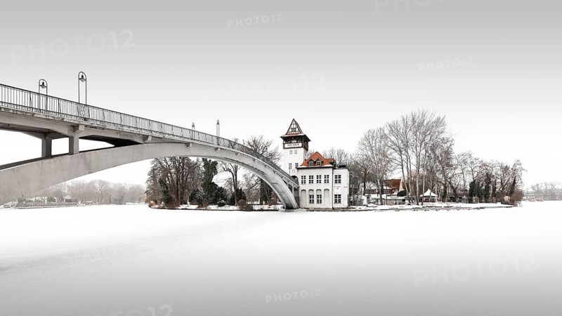 Frozen and snowy island of youth in Treptower Park
