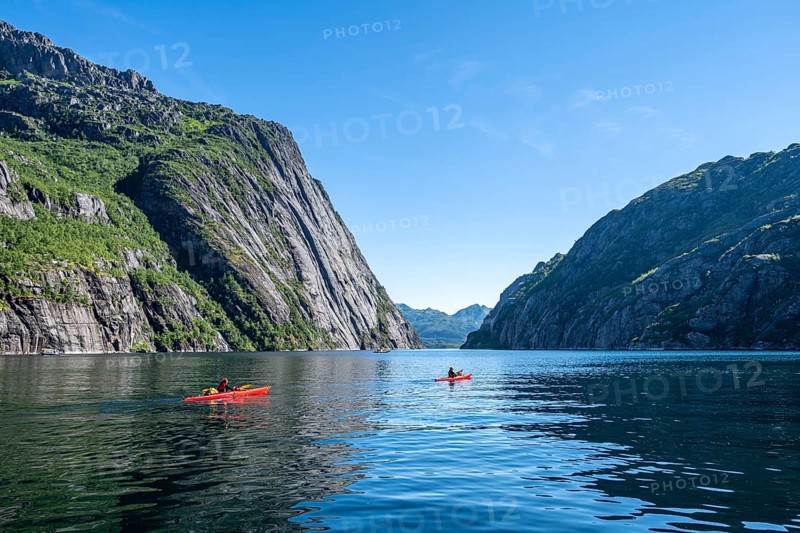 Kayaks on the fjord Trollfjord at Raftsund