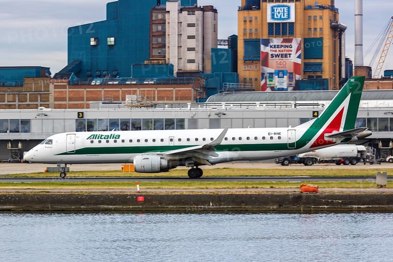 An Embraer 190 of Alitalia CityLiner with the registration EI-RNE at London City Airport