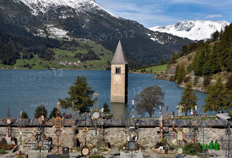 Tower of the parish church of St. Catherine in the Reschensee