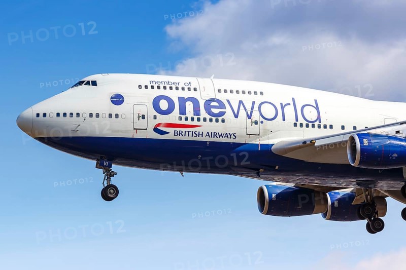 A British Airways Boeing 747-400 aircraft with registration number G-CIVI and special livery OneWorld at London Heathrow Airport