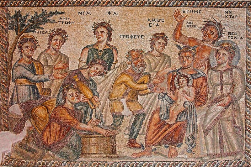 Mosaicn The scene represents the moment at which baby Dionysos