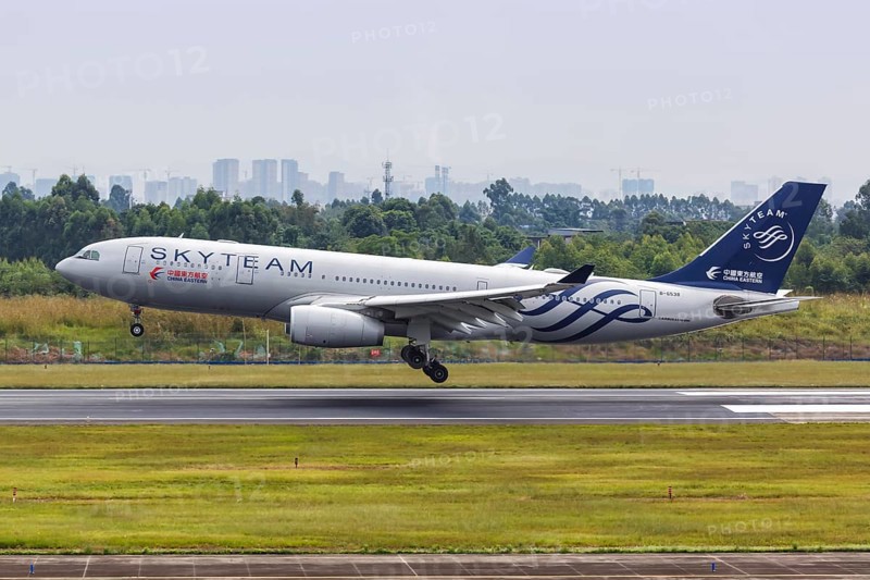 An Airbus A330-200 aircraft of China Eastern Airlines with registration number B-6538 and SkyTeam special livery at Chengdu Airport