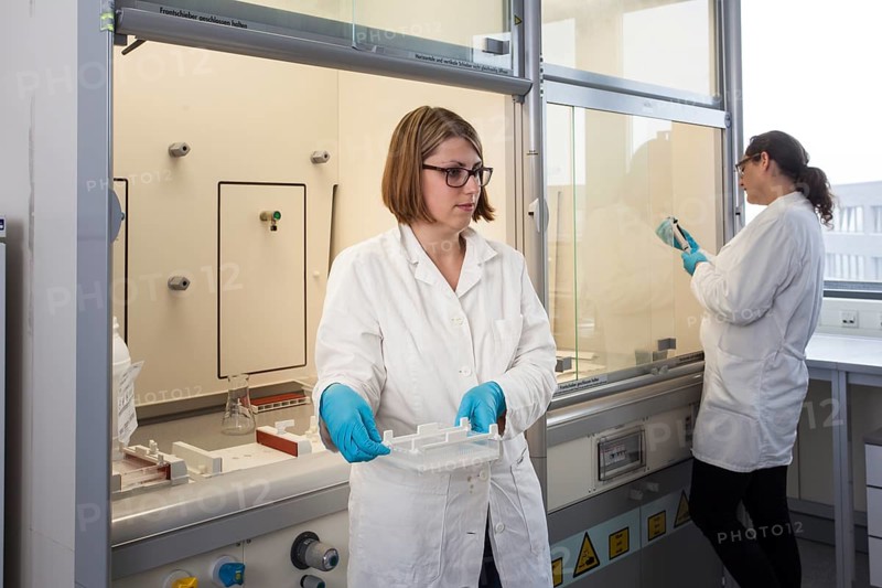 Scientists in the poison room or laboratory with ethidium bromide during a DNA gel electrophoresis for the detection of nucleic acids in the Faculty of Biology at the University of Duisburg-Essen