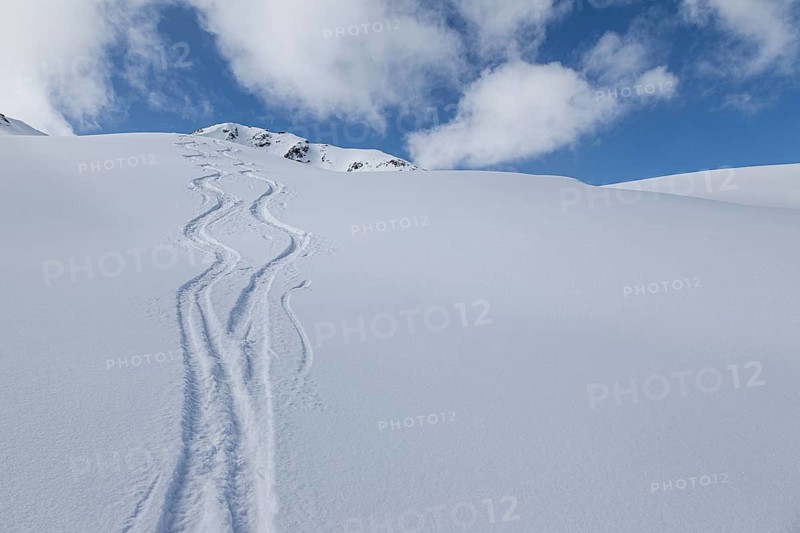 Two lonely ski tracks in front of a blue sky