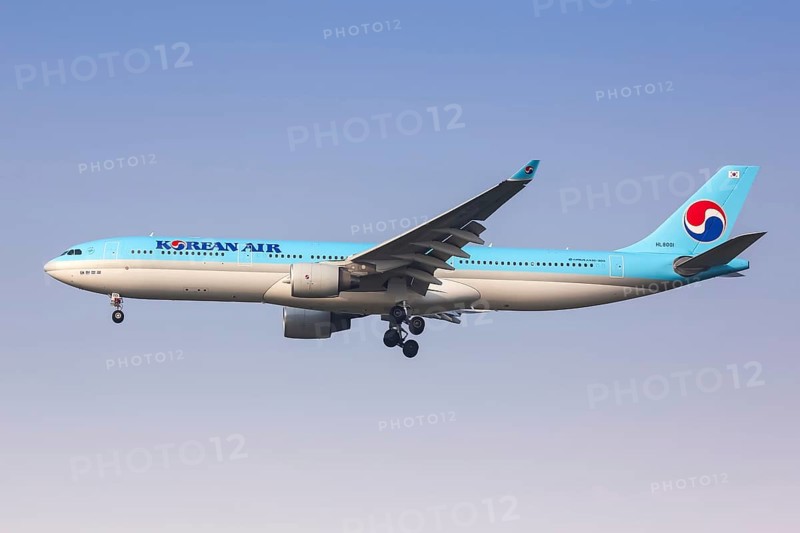 A Korean Air Airbus A330-300 with registration number HL8001 lands at Seoul Incheon Airport