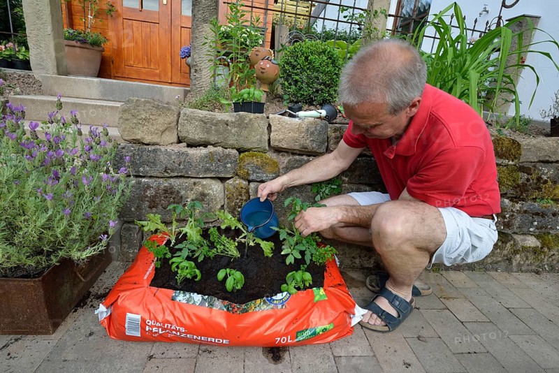 Planting bag with potting soil
