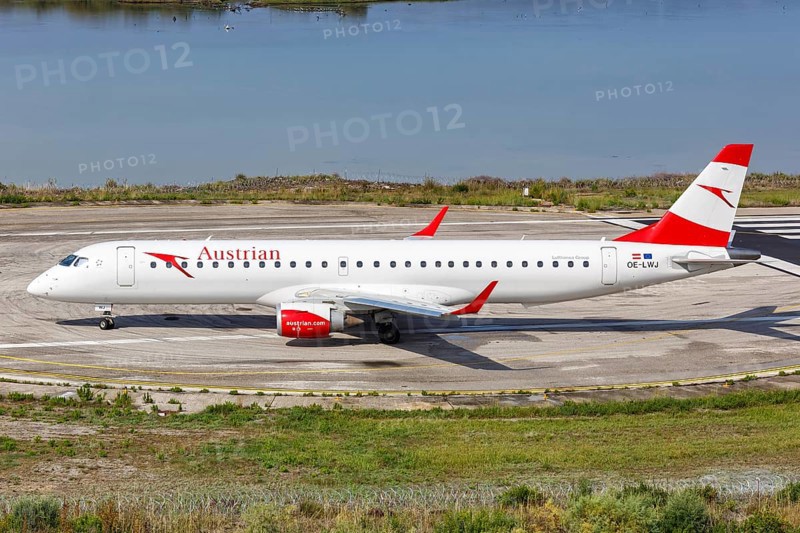 An Embraer 195 aircraft of Austrian Airlines with registration number OE-LWJ at Corfu Airport