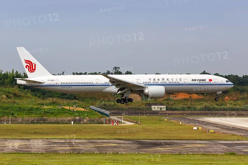 An Air China Boeing 777-300ER aircraft with registration number B-7952 at Chengdu Airport