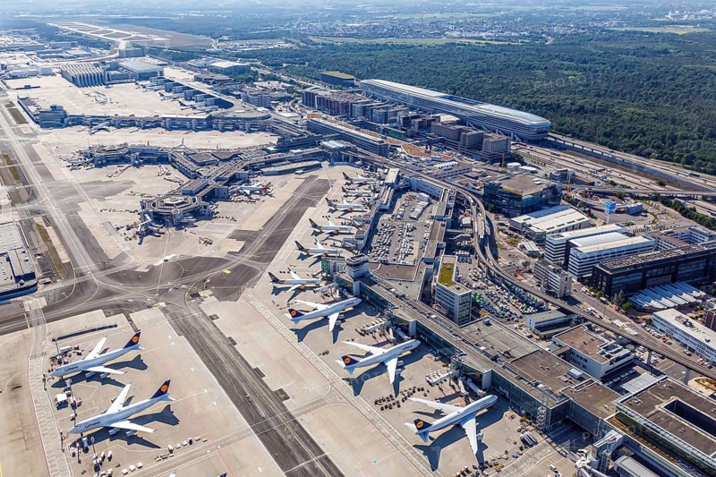 Aerial view Terminal 1 and Lufthansa aircraft at Frankfurt FRA Airport during the Corona Virus COVID-19 in Frankfurt