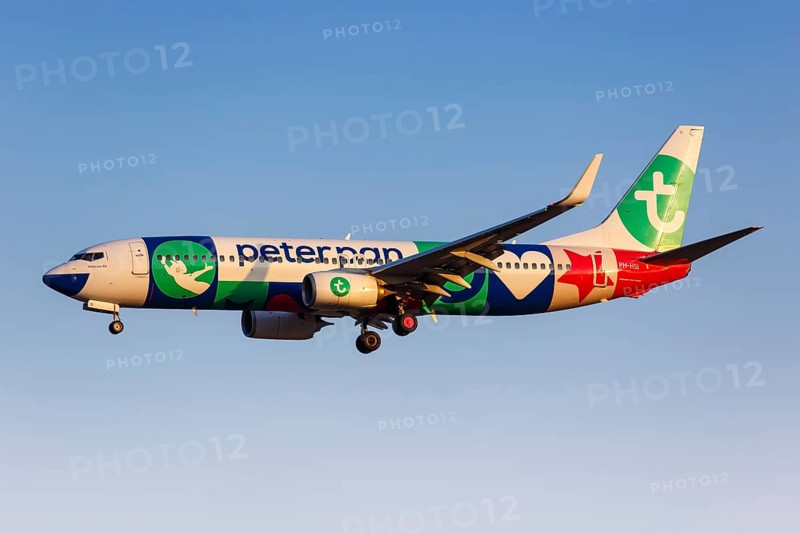 A Transavia Boeing 737-800 with the registration number PH-HSI with the special livery Peter Pan at Athens Airport