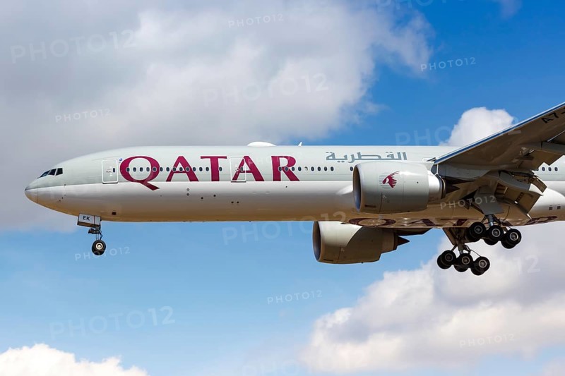 A Qatar Airways Boeing 777-300ER aircraft with registration number A7-BEK at London Heathrow Airport