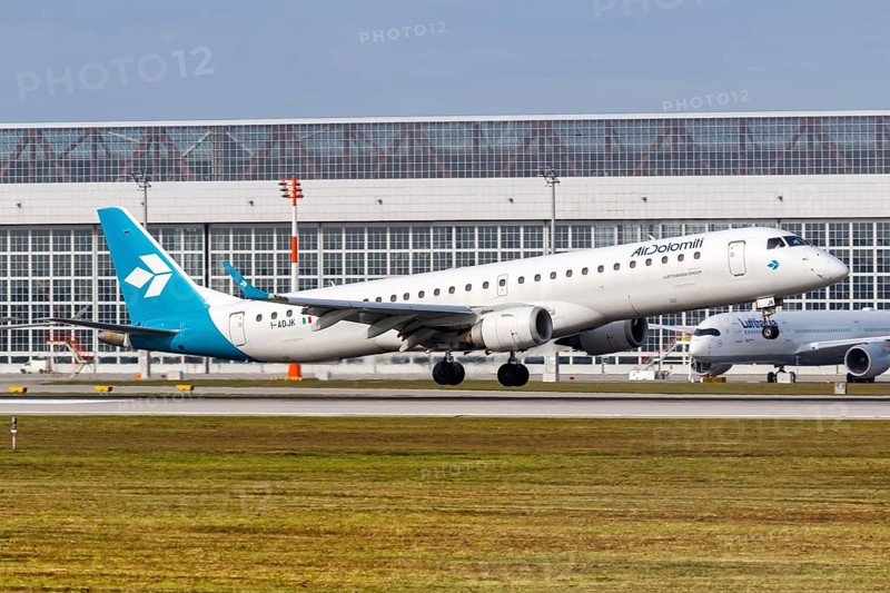 An Embraer ERJ 195 aircraft of Air Dolomiti with registration number I-ADJK at Munich Airport