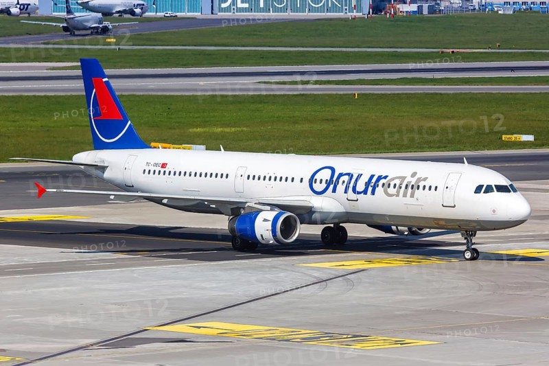 An Airbus A321 aircraft of Onur Air with registration TC-OEC at Warsaw Airport