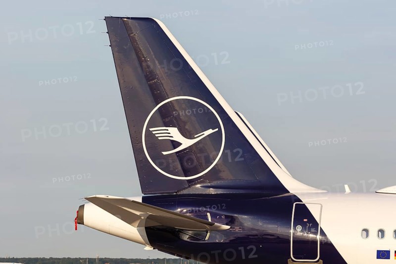 A Lufthansa Airbus tail unit with the crane logo at Frankfurt Airport