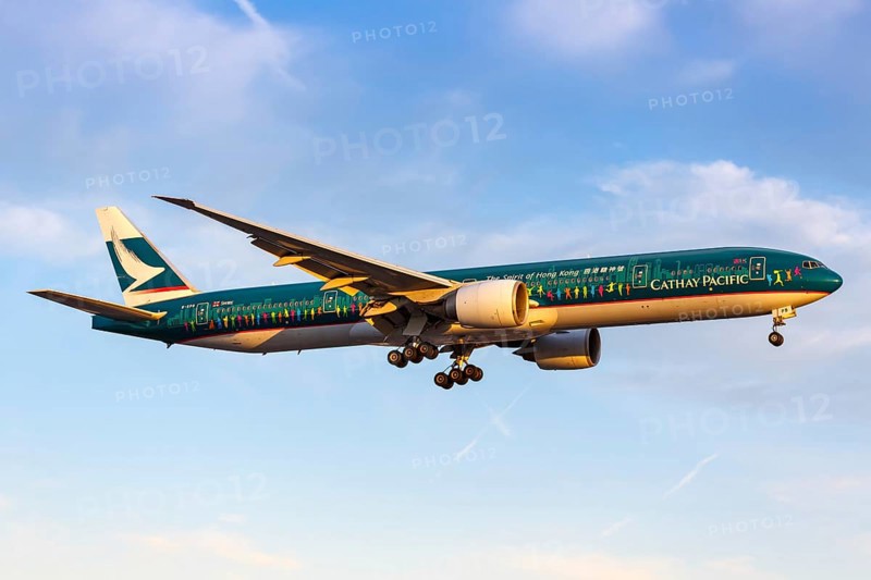 A Cathay Pacific Boeing 777-300ER aircraft with registration B-KPB and special livery The Spirit of Hong Kong at London Heathrow Airport
