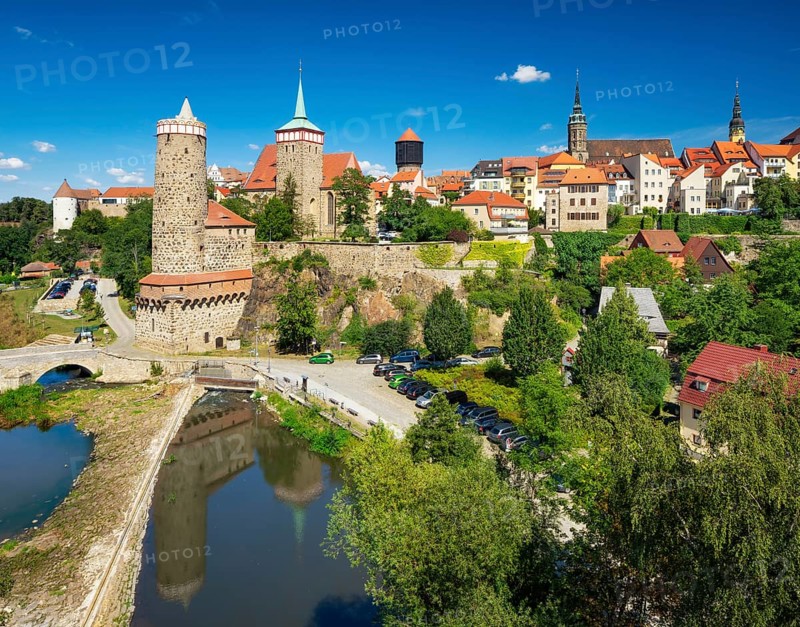 View over the river Spree to the historical old town with Burgwasserturm